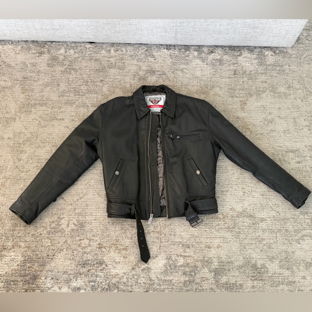 First Gear Men’s Black Leather Motorcycle Jacket Size Medium
